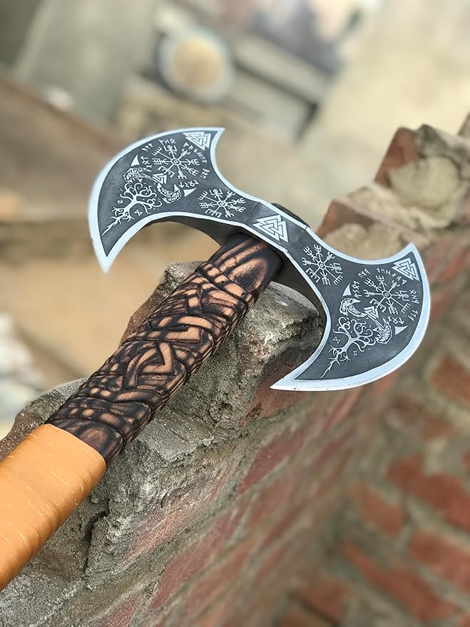 Medieval Viking Double Headed Axe – Double Sided Axe - Full Engraved Beautiful BattleVikings Twin Blades Authentic Two Sided Hatchet Norse Berserker Ax Carved Shaft with Leather Sheath