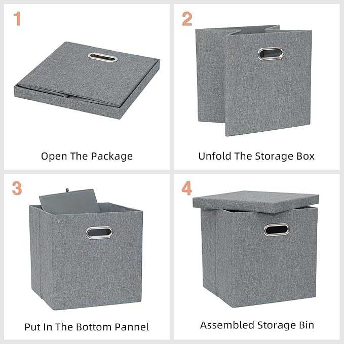 Storage Bins with Lids Collapsible Linen Fabric Boxes Organizer Containers with Lid Foldable Storage Box Basket for Closet Shelves Home Office 12 x 12 x 12.4 Inch 4 Pack Dark Gray