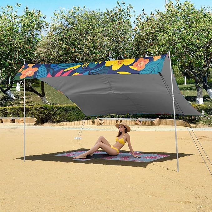 ALAZA Tropical Flowers and Cute Tigers Beach Tent Sun Shelter Portable Canopy Sunshade for Outdoor Camping Picnics Backyard Fun 10x9 ft
