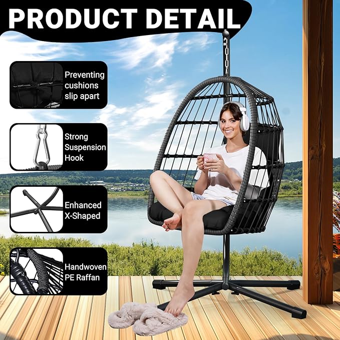 LEVELEVE Egg Chair with StandPatio Rattan Wicker Hanging Swing Egg Chair Hammock Chair for Bedroom Porch GardenThickened Aluminum Alloy Steel Frame and UV Resistant Cushion350LBS Capacity