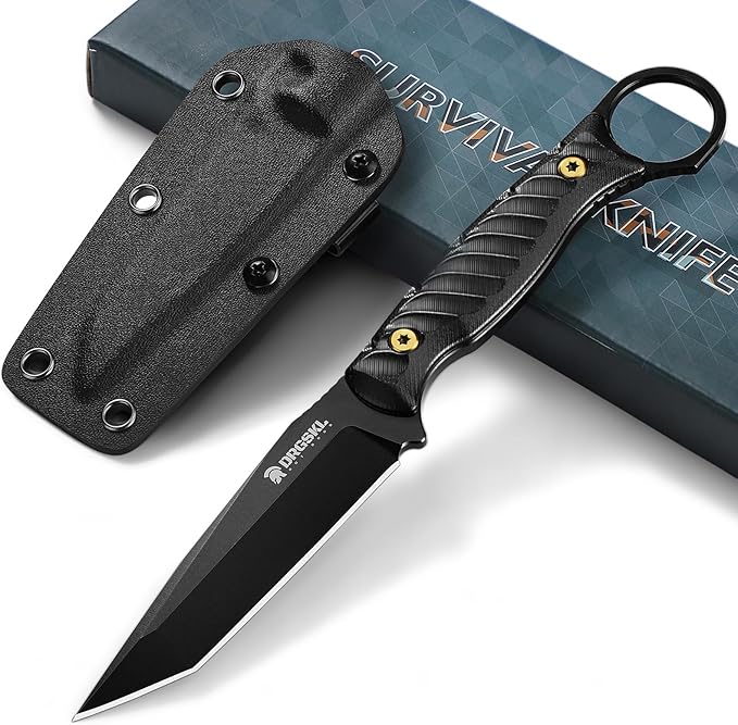 Tanto Fixed Blade Knife - Full Tang Survival Knives for Bushcraft Camping Knives with Sheath Black Knives Forged from a Single Piece of D2 Steel Ideal Gift for Men