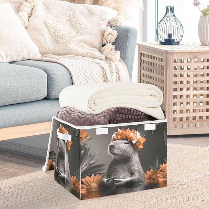 Peace Capybara Storage Cube Bins Basket with Lid Collapsible Flip-top Fabric with Handle for Home Bedroom Closet Office 16.5×12.6×11.8 in