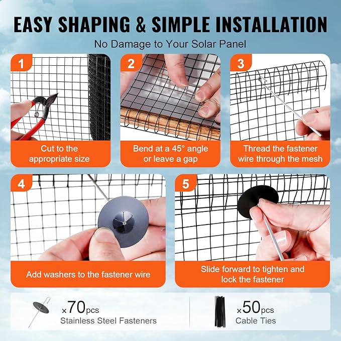 VEVOR 8 inch x 100ft Solar Panel Bird Guard Critter Guard Roll Kit with 70pcs Durable Metal Fasteners Solar Panel Guard with Rust-Proof PVC Coating 1/2 inch Wire Roll Mesh