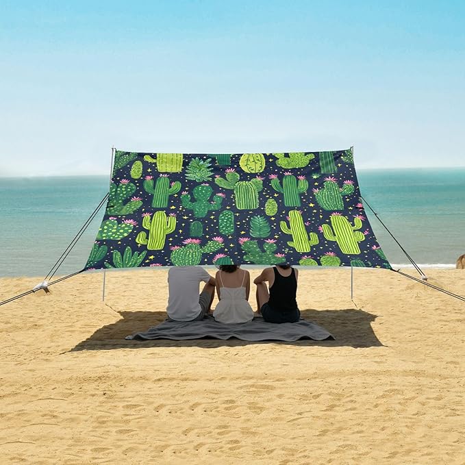 ALAZA Cactus Cacti Flower Beach Tent Sun Shelter UPF50+ Protection Beach Shade Canopy w/ 4 Sandbags for Outdoor Camping Fishing Backyard Fun Picnic 10x9 ft