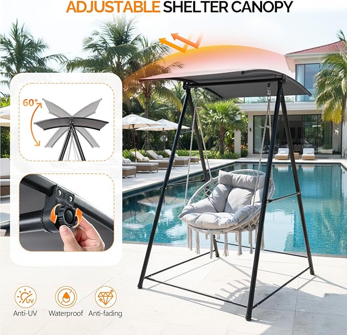 OnCloud Outdoor Hammock Chair Stand with Canopy Heavy Duty Hammock Stand Only Swing Stand with 3 Hooks Max Load 660lbs Fits Most Hanging Chairs Frame Black