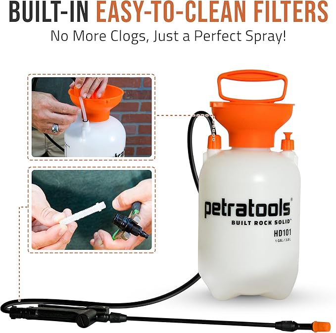 Petratools 1 Gallon Pump Sprayer – HD101 Garden Sprayer for Weeds Lawn Care &amp Pesticides – 52” Long Hose 2 Nozzles &amp Easy Carry Handle – Durable &amp Lightweight