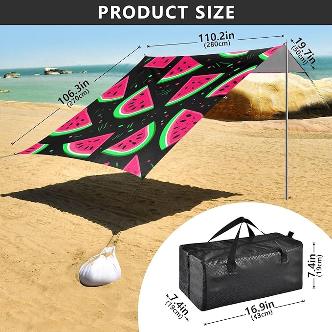ALAZA Watermelon on Black Beach Tent Sun Shelter Portable Canopy Sunshade for Outdoor Camping Picnics Backyard Fun 10x9 ft