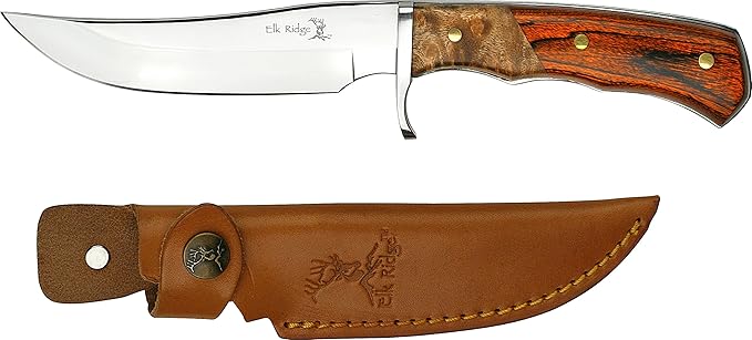 Elk Ridge - Fixed Blade Knife 9.5-in Overall Satin Finish Stainless Steel Blade 2 Tone burl Wood Handle Genuine Leather Sheath Hunting Camping Survival