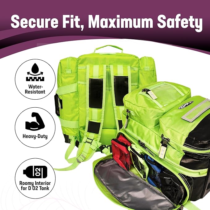 Kemp USA Ultimate EMS Backpack EMT Emergency Medical Bag Fits BLS ALS Gear and D Tank Oxygen Cylinder 1680D Nylon Multiple Grab Points Chest Waist Straps Color Coded Pouches Neon Green