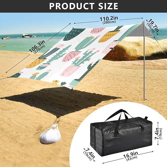 ALAZA Different Cactus Beach Tent Sun Shelter Portable Canopy Sunshade for Outdoor Camping Picnics Backyard Fun 10x9 ft