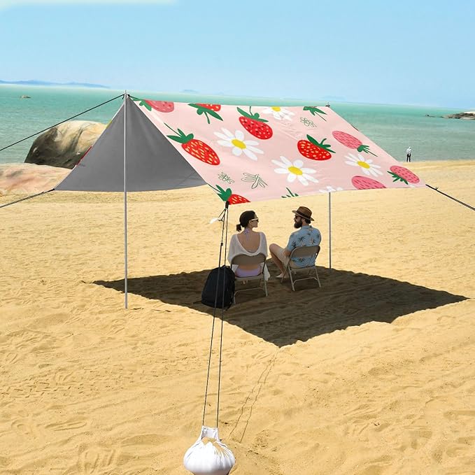 Beach Canopy with Windproof Ropes &amp Sandbags Beach Tent Sun Shade Sun Shelter for Camping Trips Fishing Backyard Fun or Picnics Strawberry
