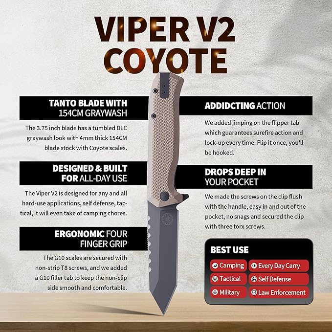 Off-Grid Knives - Viper V2 with154CM Steel Tanto Blade Grippy G10 Scales Left or Right Deep Carry Clip Ceramic Ball Bearings (Coyote)