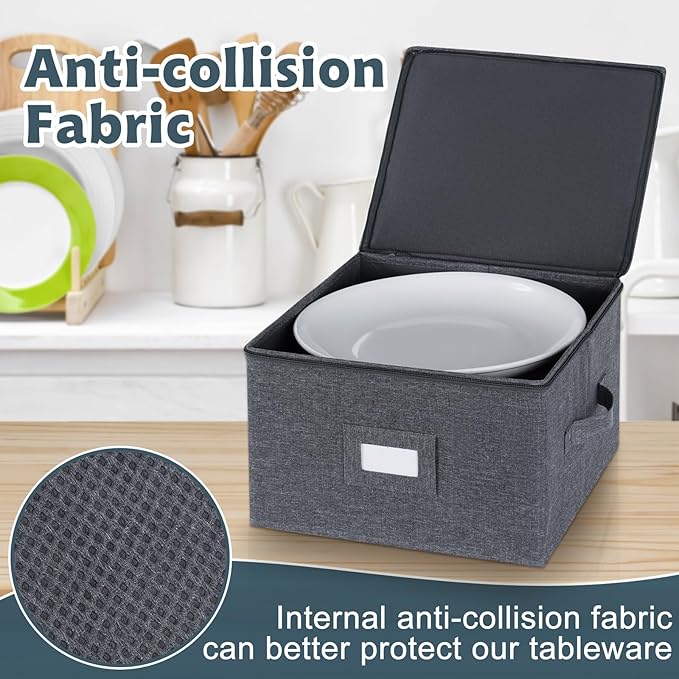popoly China Storage Containers Hard Shell Inside 12 W x 8 H Dinner Plate Storage Containers for Dishes Dinnerware with 24 Felt Dividers Hold 24 Plates Stackable (2 Pack Grey)
