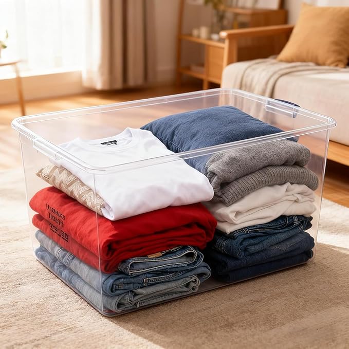 66Qt Large Plastic Storage Bin with Lid Plastic Storage Bin with Durable Lid Stackable and Nestable Clear Tote Container Featuring Blue Buckles Ideal for Organization and Storage Purposes (4-Pack)