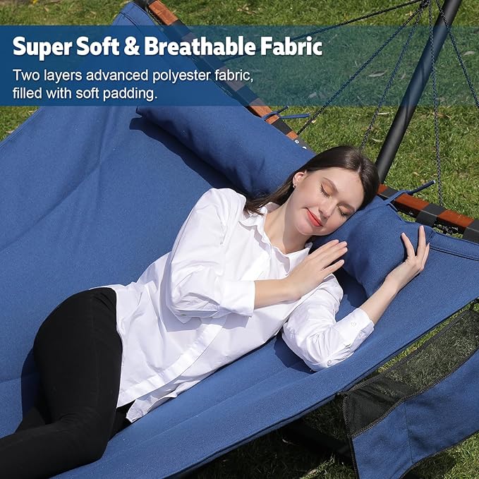 TegerDeger 12FT 2 Person Hammock Large Hammock 450LB Capacity with V Shaped Hardwood Spreader Bar &amp Nylon Rope for Outside Patio Garden Backyard Beach Poolside - Blue