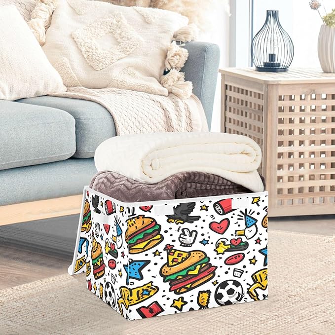 Storage Bins With Lid Stackable Fabric Closet Organizer Clothing Storage Large Boxes For Closet Shelves Bedroom Burger Soccer Heart Eagle Cartoon