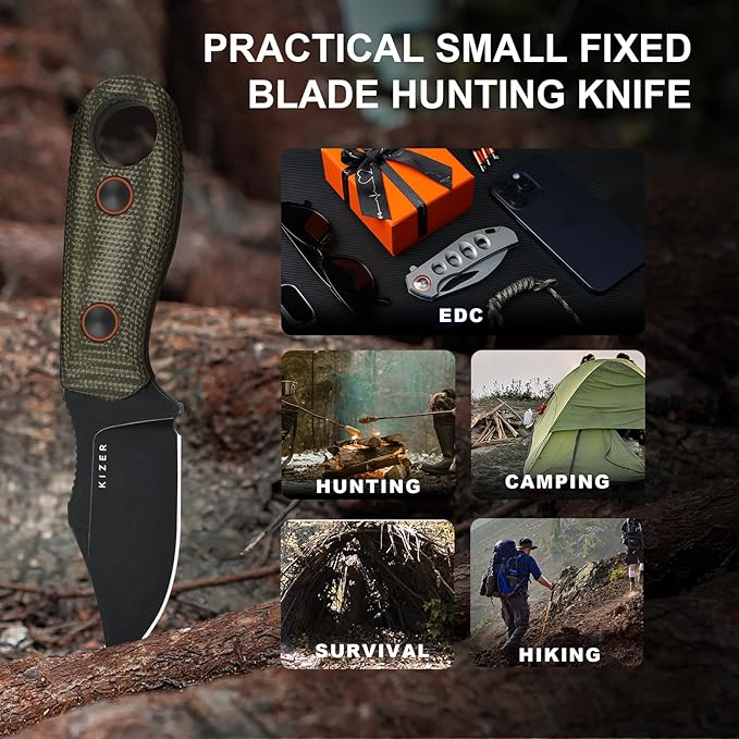 Kizer Beaver 2 Fixed Blade Knife 2.75 D2 Clip Point Blade EDC Hunting Knife with Green Micarta Handle Outdoor Camping Survival Knives with Kydex Sheath Small Neck Knives 1078M3