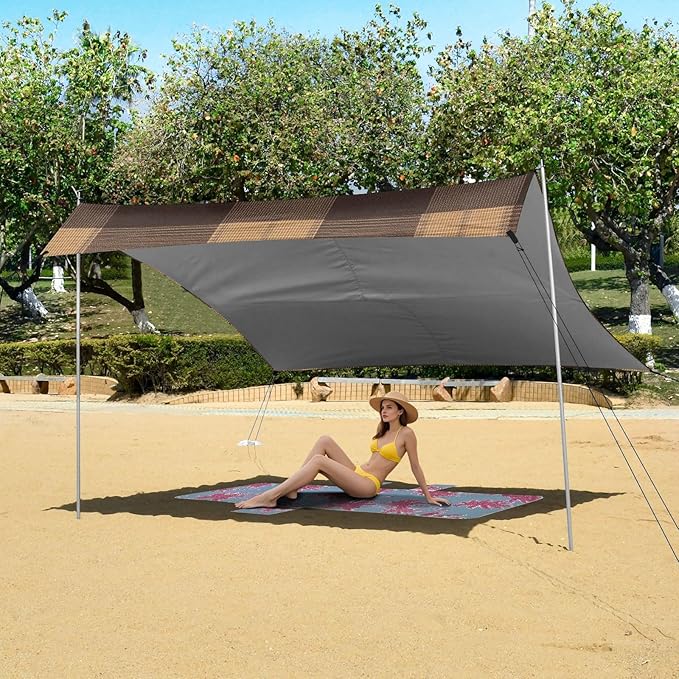 Saddlebrown Buffalo Plaid Check Tartan Scotland Beach Tent UPF50+ Protection Easy Setup Large Portable Sun Shelter with Sturdy Poles Sandbags and Shovel for Camping Trips Fishing Backyard