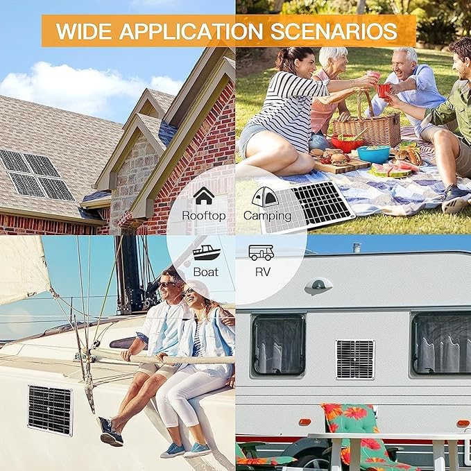 200W Solar Panel Kit 12V with 100A Solar Charge Controller and Extension Cable with Battery Clips for Boat Motorcycle Home Outdoor Lights RV Outdoor Camera Generators