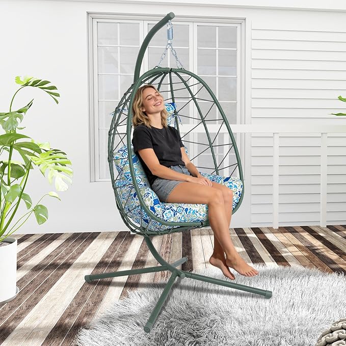 Hanging Egg Chair with Stand Outdoor Indoor Patio Rattan Swing Hammock Chairs with Washable Cushion PE Wicker Swing Chair for Backyard Bedroom Garden (Dark Green + Floral Cushion No Footrest)