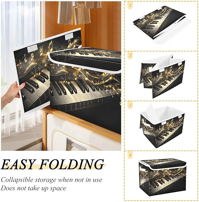 Foldable Storage Bin Basket with Lid - Piano Keys Music Notes Gold Large Collapsible Storage Box Organizer for Home Office &amp Books Clothes Storage 16.5x12.6x11.8