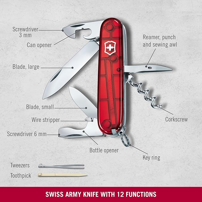 Victorinox Spartan Swiss Army Knife 12 Functions Swiss Made Pocket Knife with Corkscrew Can Opener and Screwdriver - Ruby