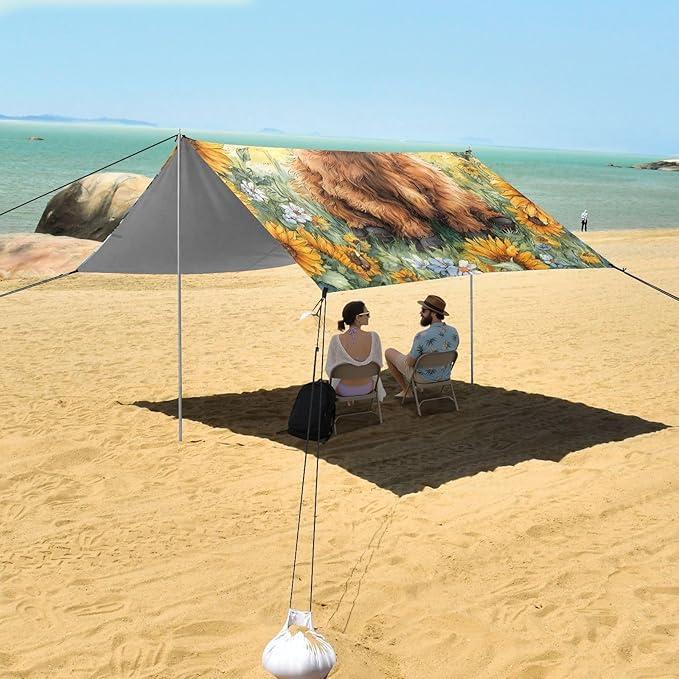 ALAZA Sunflower Baby Highland Cow Beach Tent Sun Shelter Portable Canopy Sunshade for Outdoor Camping Picnics Backyard Fun 10x9 ft