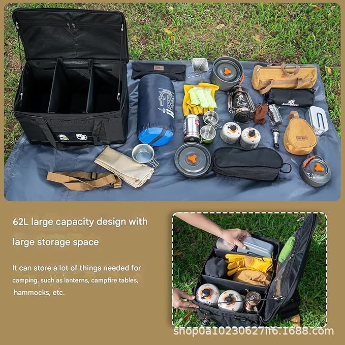 Camping Gear Storage Bag – Tactical Outdoor Equipment Organizer Waterproof Foldable Utility Tote with Clips Straps &amp Plastic Bags(Khaki62L(softpackage))