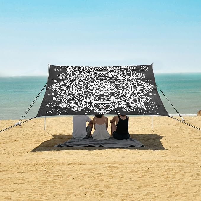 ALAZA White Graffiti Mandala Beach Tent Sun Shelter UPF50+ Protection Beach Shade Canopy w/ 4 Sandbags for Outdoor Camping Fishing Backyard Fun Picnic 10x9 ft