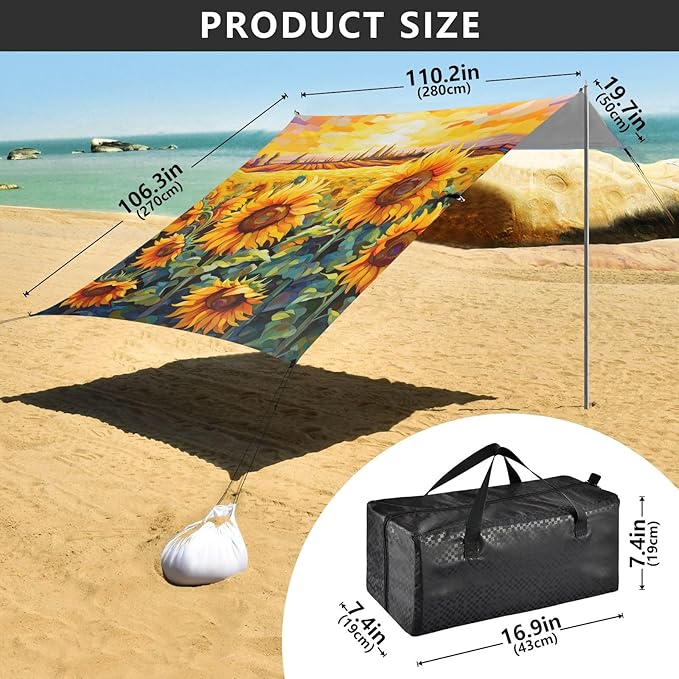 ALAZA Blooming Field of A Sunflowers Beach Tent Sun Shelter Portable Canopy Sunshade for Outdoor Camping Picnics Backyard Fun 10x9 ft