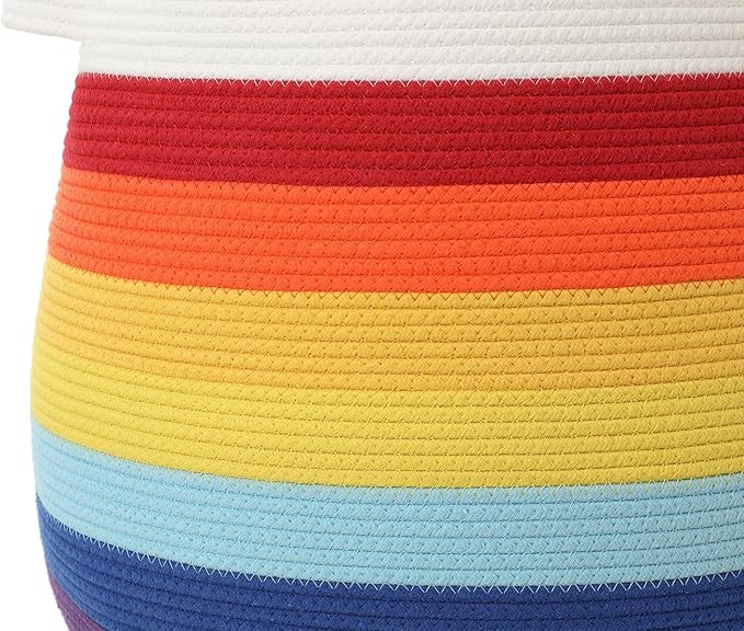20 x 20 Extra Large Cotton Rope Storage Basket with Lid – Flagon Design – Perfect for Clothes Blankets and Living Room Organization (Rainbow/White 20x20)