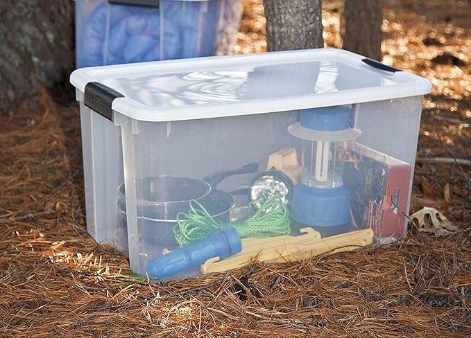 STERILITE 19889804 70 Quart/66 Liter Ultra Latch Box Clear with a White Lid and Black Latches 8-Pack