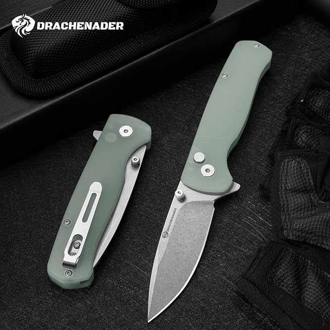 DRACHENADER 7.28 Y-M Pocket Knife for Men with Clip with 2.83 14C28N Steel Blade Button Lock with Safety Switch G10 Handle Sheath for EDC Camping Hiking
