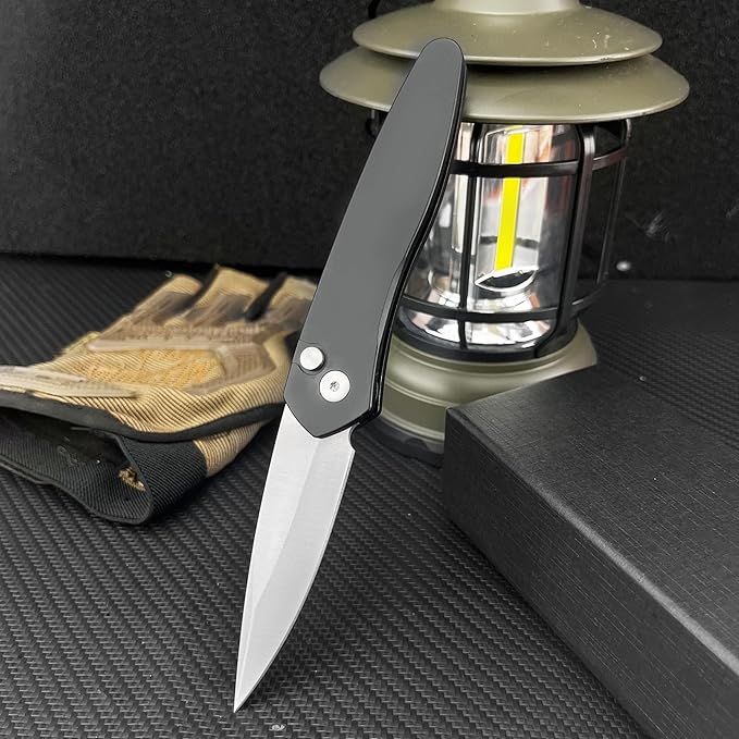 7'' Button Lock Folding Knife with D2 Blade - Everyday Carry Outdoor EDC Camping Knife 6061-T6 Aviation Aluminum Handle and Pocket Clip