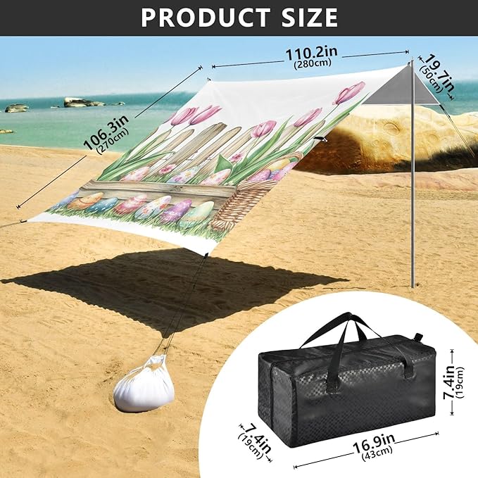 ALAZA Watercolor Wooden Fence Tulips Basket Easter Eggs Beach Tent Sun Shelter Portable Canopy Sunshade for Outdoor Camping Picnics Backyard Fun 10x9 ft