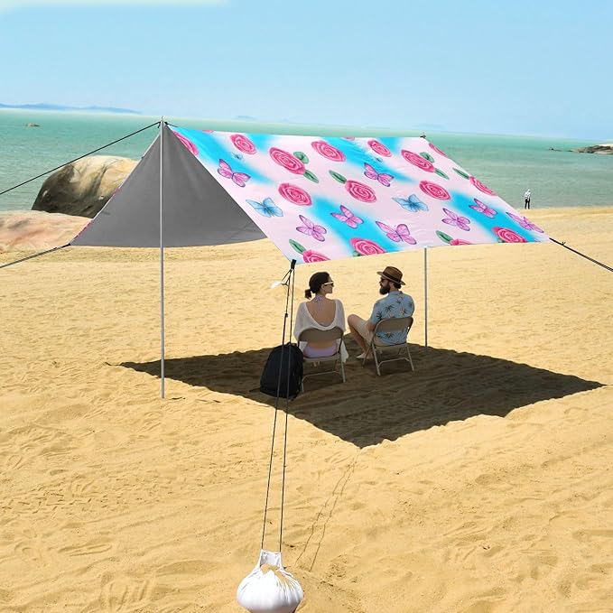 xigua Butterflies Beach Tent Sun Shelter with Carrying Bag - Silver Coated Oxford Fabric Beach Canopy for Beach Camping Fishing - Includes Windproof Ropes Sandbags &amp Stakes