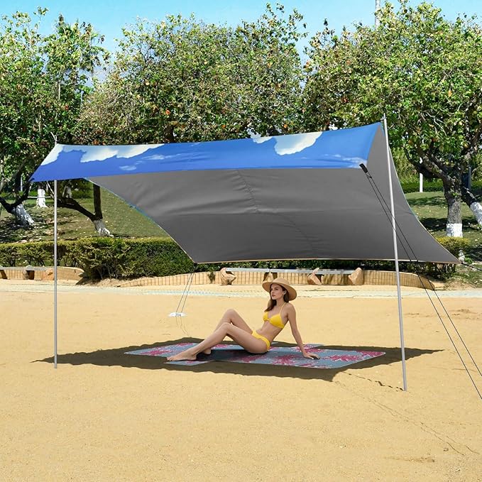 Beach Canopy with Windproof Ropes &amp Sandbags Beach Tent Sun Shade Sun Shelter for Camping Trips Fishing Backyard Fun or Picnics Beach