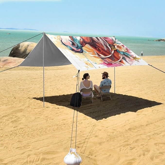 ALAZA Boho Horse with Flower Beach Tent Sun Shelter Portable Canopy Sunshade for Outdoor Camping Picnics Backyard Fun 10x9 ft