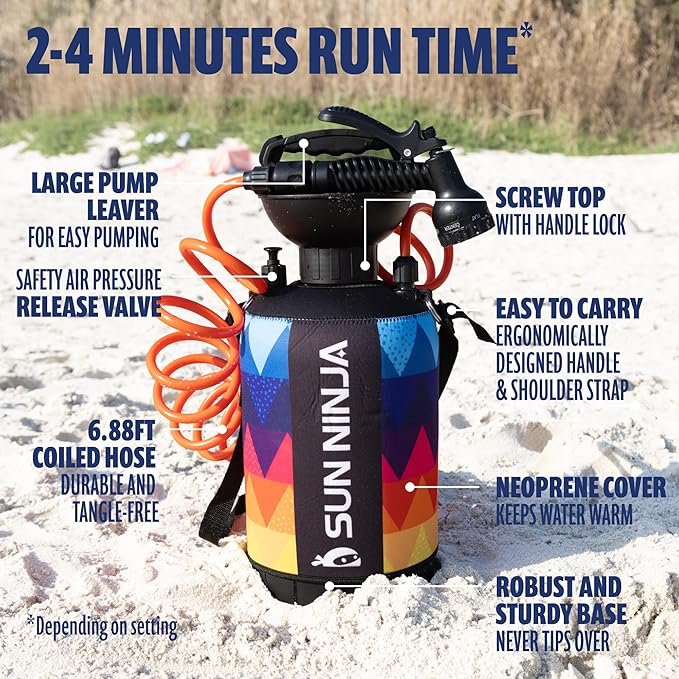 SUN NINJA Portable Shower and Bucket Hat Bundle with Multi-Spray Shower Head Neoprene Cover UPF 50+ Reversible Sun Hat Shoulder Strap - Outdoor Camping Beach Hiking &amp Sun Protection