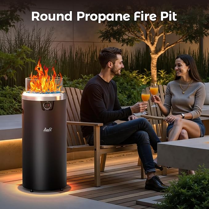 BALI OUTDOORS Propane Fire Pit Black Column Outdoor Fire Pit Round Outdoor Firepits for Outside Garden Patio