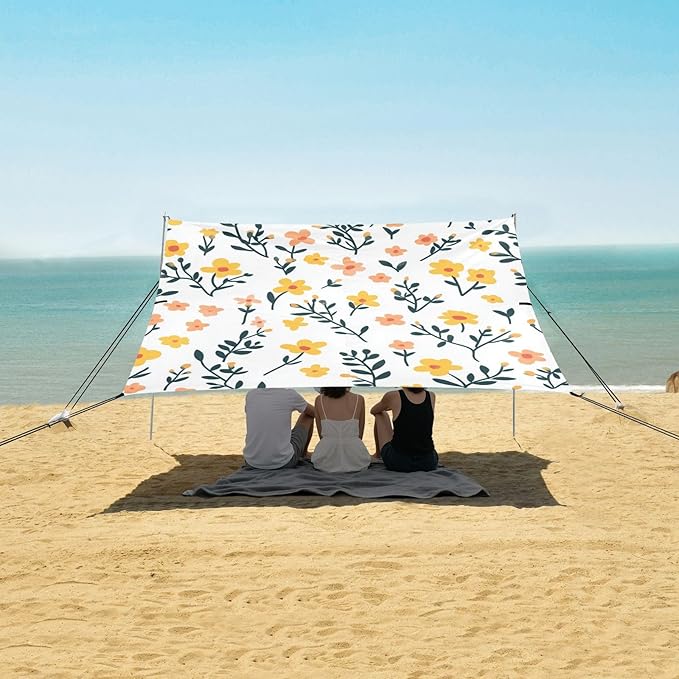Little Yellow Flowers Stable Beach Tent UPF50+ Water-Resistant Large Portable Sun Shelter with Sandbags &amp Sand Shovel for Camping Fishing Backyard Fun