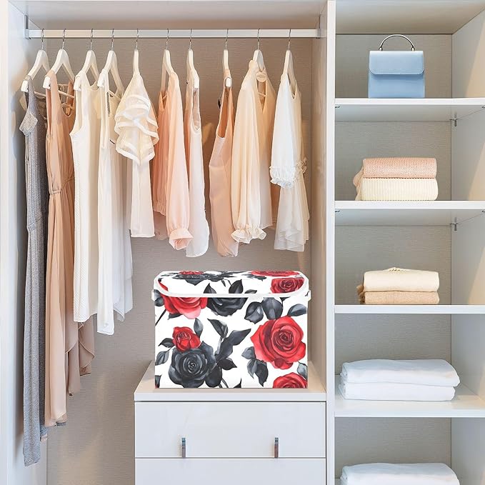 AIXIWAWA Lidded Storage Cube (Rose Red Black) Fabric Foldable Closet Bins with Flip Lid and Handles Organizer Basket Container 16.5 x 12.6 x 11.8 IN