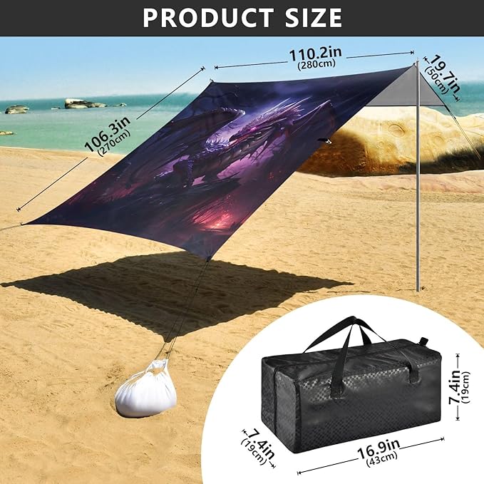 ALAZA Dragon at Night Beach Tent Sun Shelter UPF50+ Protection Beach Shade Canopy w/ 4 Sandbags for Outdoor Camping Fishing Backyard Fun Picnic 10x9 ft