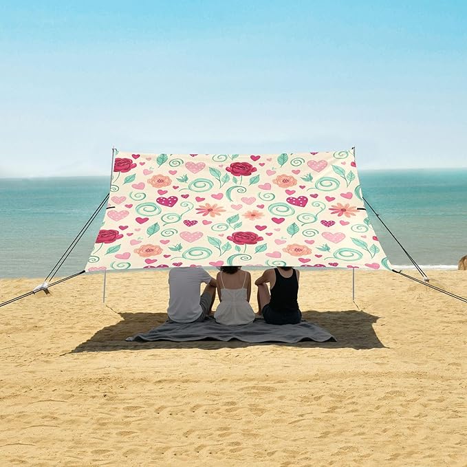 Rose Beach Canopy Sun Shelter with Sandbags &amp Sand Shovel &amp Windproof Ropes - Portable 110x126 Beach Shade Beach Tent for Camping Picnics
