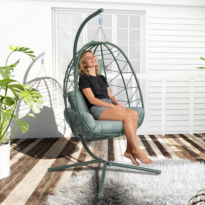 Hanging Egg Chair with Stand Outdoor Indoor Patio Rattan Swing Hammock Chairs with Washable Cushion PE Wicker Swing Chair for Backyard Bedroom Garden (Dark Green + Dark Green Cushion No Footrest)