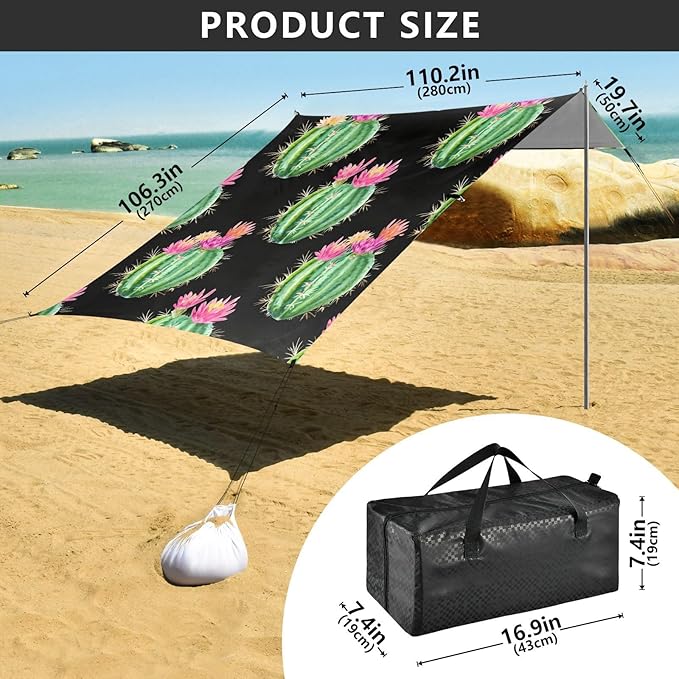 Beach Canopy with Windproof Ropes &amp Sandbags Beach Tent Sun Shade Sun Shelter for Camping Trips Fishing Backyard Fun or Picnics Cactus