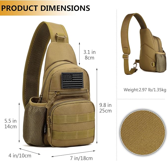 Protector Plus Tactical Sling Bag Military MOLLE Crossbody Pack Chest Shoulder Backpack with Water Bottle Holder Pouch EDC Diaper Motorcycle Bicycle Daypack (Patch Included)Brown