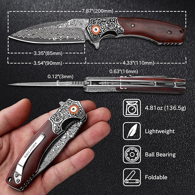 Damascus Pocket Knife for Men 3.34 Sharp Damascus Steel Blade Folding Knives with Wooden Handle EDC Knifes for Camping Hiking Collection