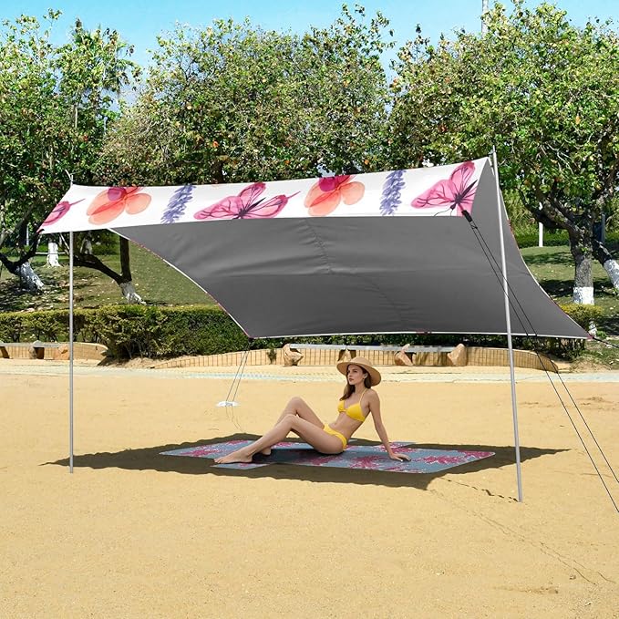 xigua Butterflies Beach Tent Sun Shelter with Carrying Bag - Silver Coated Oxford Fabric Beach Canopy for Beach Camping Fishing - Includes Windproof Ropes Sandbags &amp Stakes
