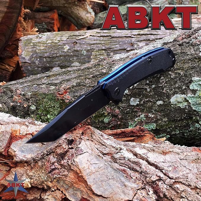 ABKT Tac Blue Shield Tanto Fixed-Blade Knife with Pocket Clip and Textured Handle